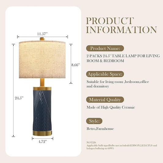 24.5" Modern Ceramic Table Lamp Set of 2 for Living Room, Table Lamps with USB Ports for Bedroom Set of 2, Farmhouse Bedside Nightstand Bedside Lamp End Table Lamps Blue
