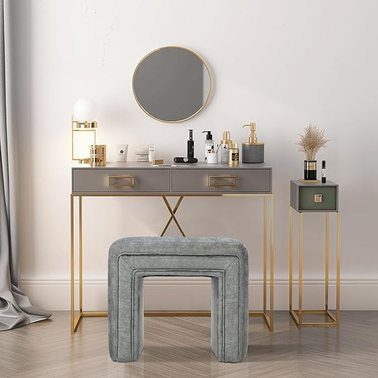Get Set Style Vanity Stool Chair,Modern Velvet Ottoman Foot Stool with Wooden Legs Sofa Bench Footstool Extra Seat for Vanity,Makeup Room,Living Room,Entryway,Office (Fully Assembled) (Dark Grey)