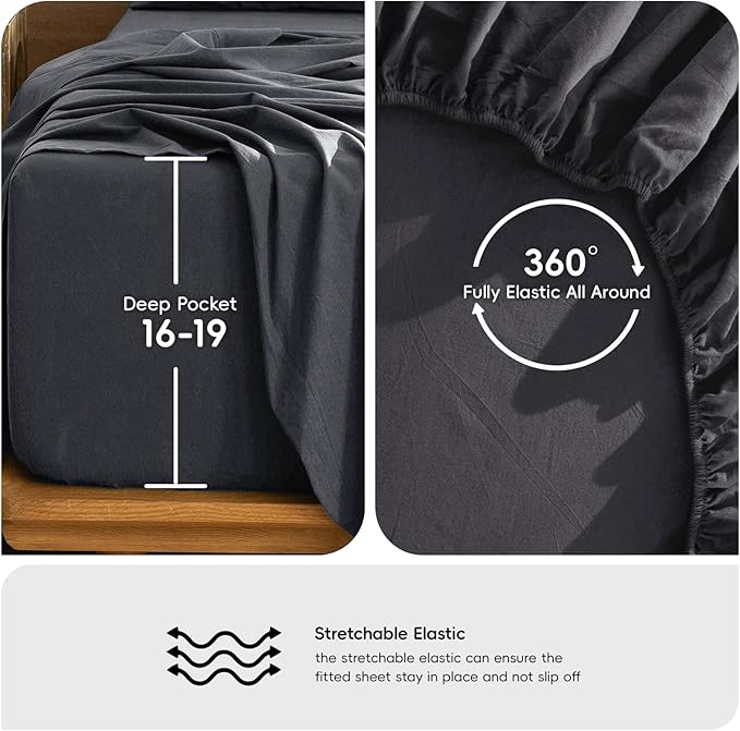 MooMee Bedding Sheet Set 100% Washed Cotton Linen Like Textured Breathable Durable Soft Comfy (Solid Deep Grey, Queen)