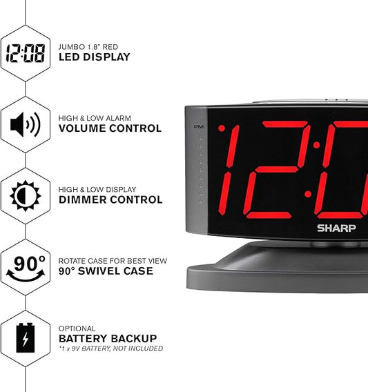 Sharp Home LED Digital Alarm Clock – Swivel Base - Outlet Powered, Simple Operation, Alarm, Snooze, Brightness Dimmer, Big Red Digit Display, Gun Metal Grey Case