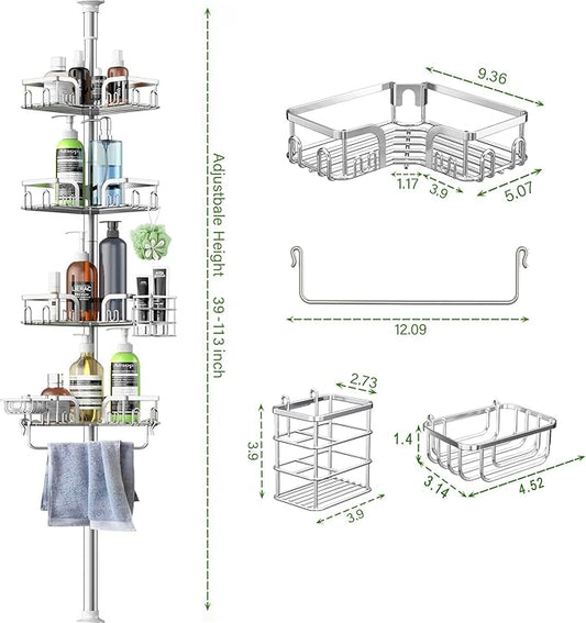 Corner Shower Caddy Tension Pole 4 Tier Adjustable Stainless Steel Shower Shelf for Inside Shower Bathtub Shampoo,Standing Bathroom Organizer Shelves with 39 to 113 inch Height