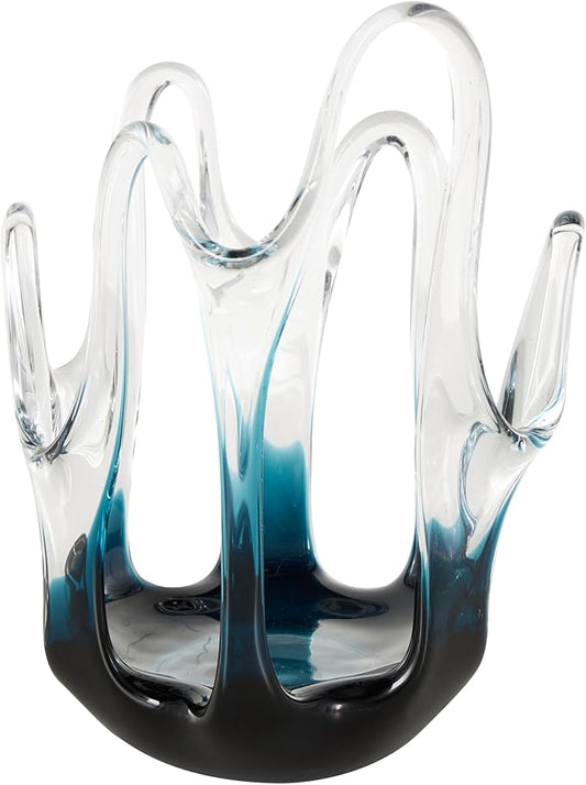 Deco 79 Glass Abstract Decorative Vase Ombre Centerpiece Vase with Wavy Oval Cutouts, Flower Vase for Home Decoration 7" x 7" x 10", Blue