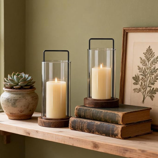 Houmury Set of 2 Brown Hurricane Candle Holders Lantern 12” & 10”with Wood Base Metal Handle Glass Cylinder Modern Farmhouse Decor for Home Decor, Table Centerpieces (Brown)