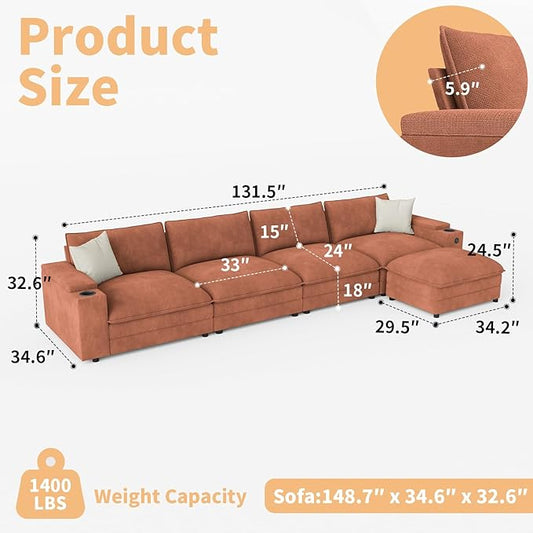 148.7" L Shaped Cloud Sofa Couch with Ottoman, Storage Armrest, Cup Holders, USB & Type-C Ports, Spring Cushions, Solid Wood Frame, Chenille Modular Sectional for Living Room (Coffee-L-148.7")