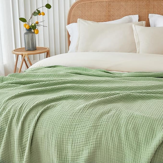 EMME Cotton Muslin King Blanket Big Oversized Bed Layering Bedspread Coverlet Breathable Gauze Soft Lightweight Blankets (Sage Green, 120"x94")