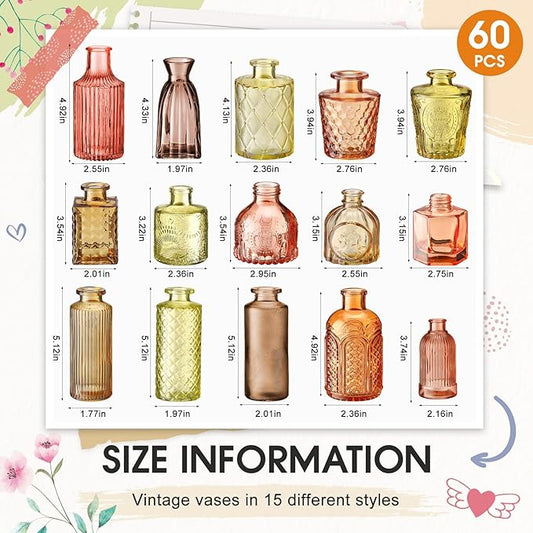 Yaomiao 60 Pcs Vases Bulk Colored Flower Glass Vases Bud Vintage Colored Glass Bottles Colorful Rustic Embossed for Home Wedding Table Decorations Gifts (Orange Yellow Series)