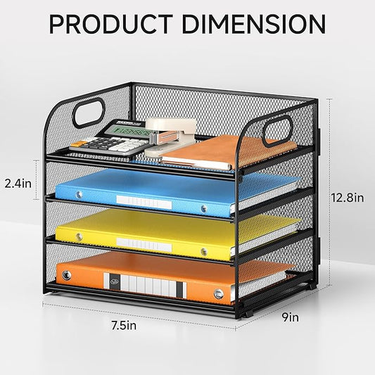Lavatino Paper Organizer for Desk, 4-Tier Desk Organizer Tray, Mesh Desktop File Organizers with Handle, Office Classroom Organization and Storage-Black