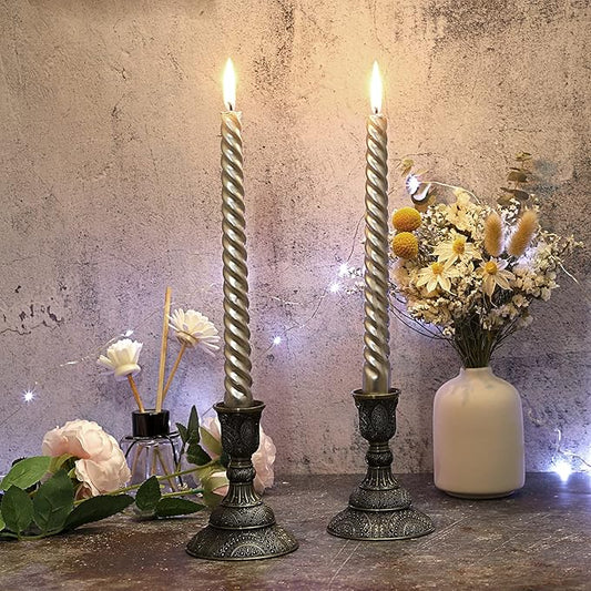 OwnMy Set of 2 Taper Candle Holders Vintage Metal Pillar Candlestick Holders 4”H, Elegant Brass Candle Stick Holders Decorative Candelabra Set for Dining Table Centerpieces Wedding, Antique Bronze