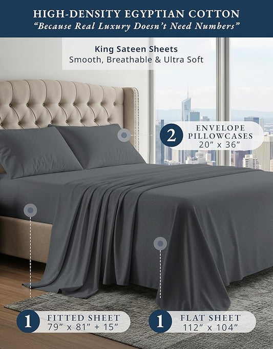 100% Egyptian Cotton King Bed Sheets – Silky Sateen Weave for All Season Comfort, 15" Deep Pocket King Sheets Set, OEKO-TEX Certified, Fade Resistant, Durable Hotel Comfort at Home -Swiss Dot Charcoal