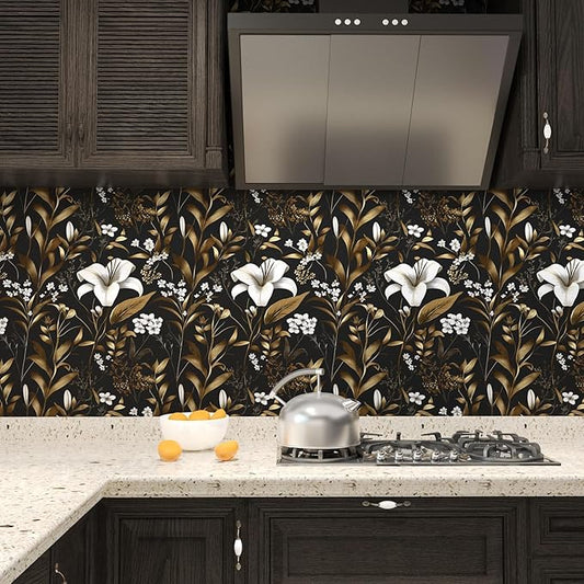 White Floral Wallpaper Peel and Stick, Black Gold Vintage Contact Paper, Dark Golden Botanical Wall Paper Self Adhesive Removable Waterproof for Bedroom Cabinet Drawer Table Decor 17.5" x 118"
