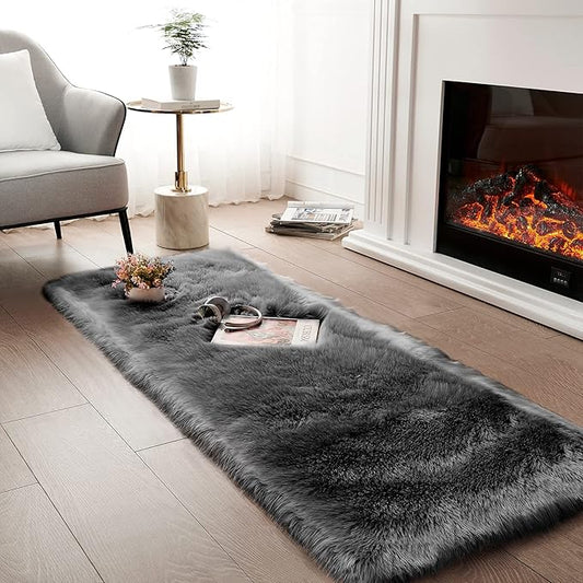 Ciicool Faux Fur Rug for Bedroom, Black Fluffy Shag Rugs for Sofa Couch Seat Cushion, Washable Fuzzy Runner Thick Fur Floor Carpets for Bedside Living Room, 2x6 Ft Rectangle