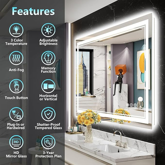 48x40 LED Bathroom Mirror with Lights, Backlit and Front Lit, Anti-Fog Lighted Vanity Mirrors for Bathroom Wall, Dimmable, 3-Color Light, Memory, Shatter-Proof, HD Tempered Glass, CRI>90
