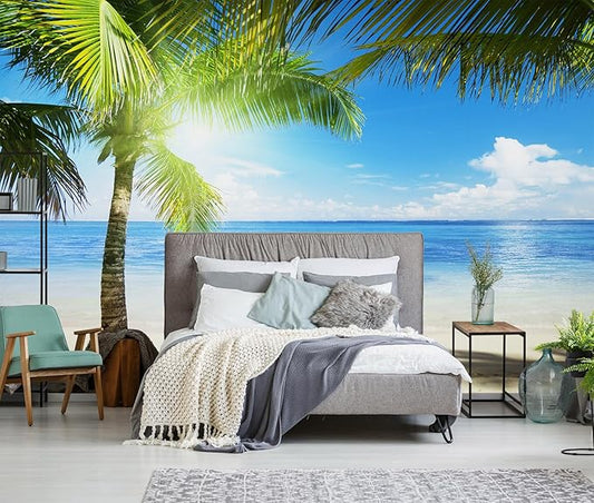 Coastal Wallpaper Tropical Palm Tree Beach Landscape Wall Mural for Living Room Bedroom(Not Peel and Stick)