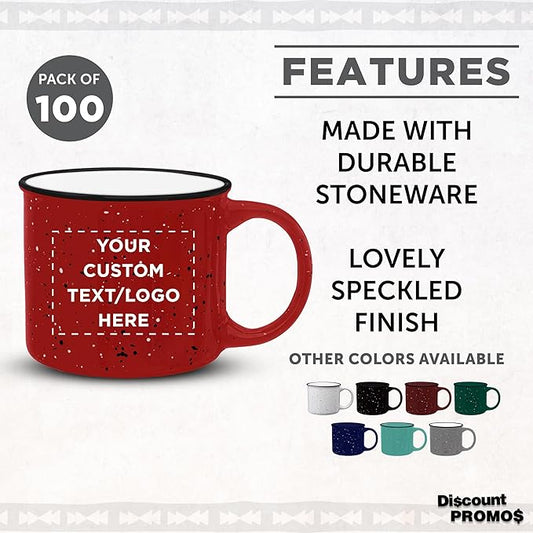 DISCOUNT PROMOS Custom Ceramic Campfire Coffee Mugs 13 oz. Set of 100, Personalized Bulk Pack - Perfect for Tea, Espresso, Cappuccino, Hot Cocoa - Red