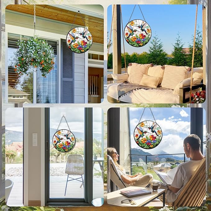 Rngmsi Hummingbird Stained Glass Window Hanging Gifts, 7.8″ Flower Sun Catchers for Indoor Window Decorations, Decorative Suncatchers Home Wall Art Gift for Thanksgiving Christmas Wedding Housewarming