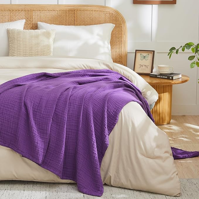 EMME Cotton Muslin King Blanket Big Oversized Bed Layering Bedspread Coverlet Breathable Gauze Soft Lightweight Blankets (Purple, 120"x94")