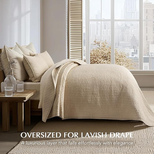 EVERGRACEHOME Cotton Sateen Quilt Set Queen Size, Pre-Washed Cotton Channel Stitch Coverlet Bedspread, 3 Pieces Lightweight Soft Bedding Sets for All Season, with 2 Pillow Shams, Light Sand