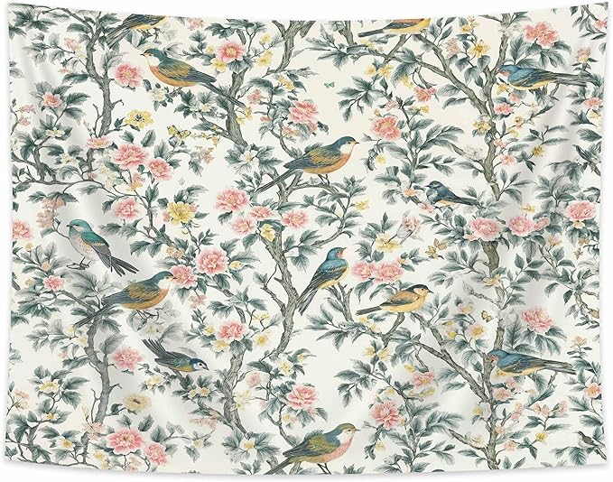 DYNH Vintage Floral Bird Tapestry,Chinese Style Aesthetics Jungle Botanical Tapestries,Farmhouse Country Watercolor Flowers Leaves Wall Hanging Decor for Bedroom Living Room,80x60In