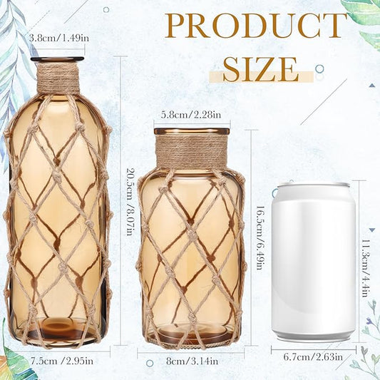 Chuangdi Set of 2 Coastal Glass Vases Christmas Vases for Flowers with Boho Rope Christmas Centerpieces for Tables Small Beach Bottle for Nautical Wedding Floral Arrangement Decorations(Light Brown)