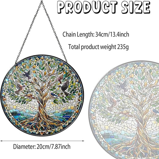 Tree of Life with Birds Sun Catcher RVEAFA Stained Glass Window Hanging Birds Lover Gifts for Women Wall Decor Handmade Sun Catcher Decoration for Garden Home Housewarming Gifts(20 * 20cm