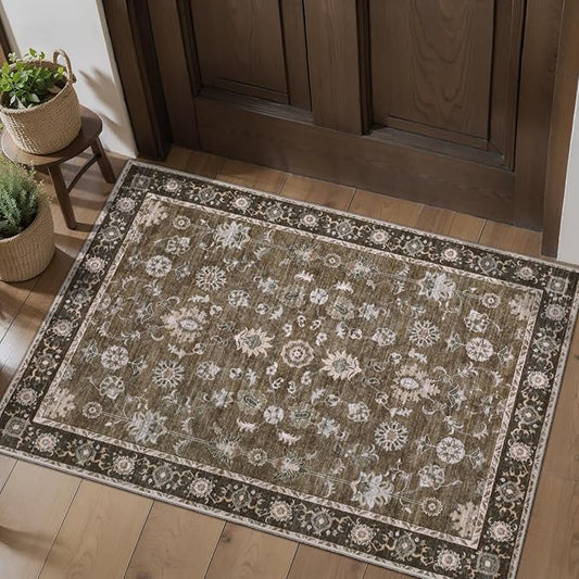Tangsoo 2x3 Small Rug Washable Brown Entry Rugs for Entryways Non-Slip Vintage Floral Throw Area Rugs Boho Rugs Distressed Floor Carpet Soft Low Pile Door Mat for Entrance Bedroom Kitchen Foyer Decor