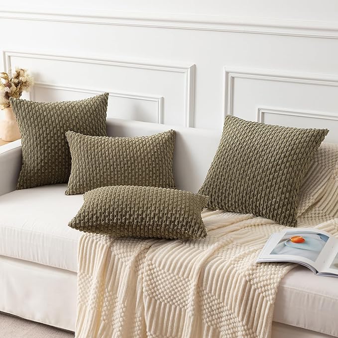 Kevin Textile Pack of 2 Corduroy Decorative Throw Pillow Covers 16x16 Inch Soft Boho Striped Pillow Covers Modern Farmhouse Home Decor for Sofa Living Room Couch Bed Olive Green