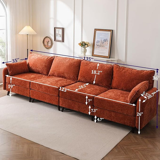 135'' Modular Sectional Sofa with Seats Storage,Oversized 4-Seater Comfy Cloud Couches with Deep Seat,Sectional Couches for Living Room,Apartment,2 Throw Pillow,Chenille,Orange