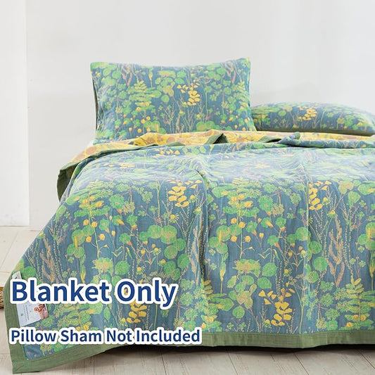 100% Cotton Muslin Botanical Blanket Jacquard Floral Plants Pattern Quilt, Soft Bed Cover Lightweight Breathable Gauzy Reversible Bedspread Coverlet Bedding King(98"x94"), No Pillow Sham