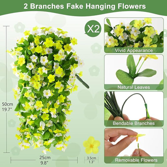 2 Pack Artificial Hanging Flowers, Fake Flowers Hanging Plant Violet Flower, Artificial Faux Silk Spring Flower for Wall Front Door Yard Garden Wedding Outdoor Decoration(Yellow White)