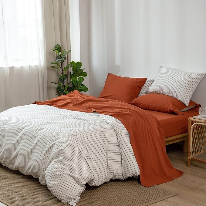 MooMee Bedding Sheet Set 100% Washed Cotton Linen Like Textured Breathable Durable Soft Comfy (Solid Rust Brown, King)