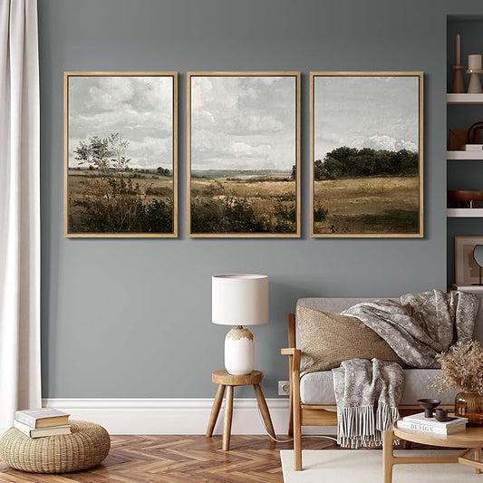 MUDECOR Framed Canvas Print Wall Art Rustic Fields Tranquil Countryside Landscape Nature Wilderness Illustrations Realism Decorative for Living Room, Bedroom, Office - 16"x24"x3 Natural