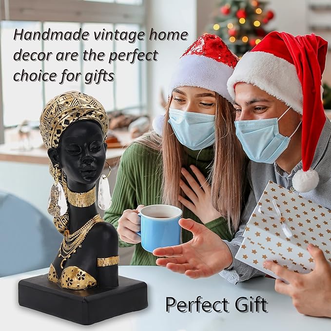 African Lady Bust Sculpture with Golden Headwrap – Resin Figurine with Earrings and Necklace, Modern African Woman Statue for Home Decor and Cultural Gift