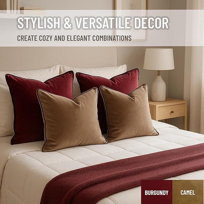 2 Pack Velvet Decorative Throw Pillow Covers, 12"x20", Beige and Brown, Solid, Modern, Contrast Piping, Indoor Use, Bedroom & Living Room