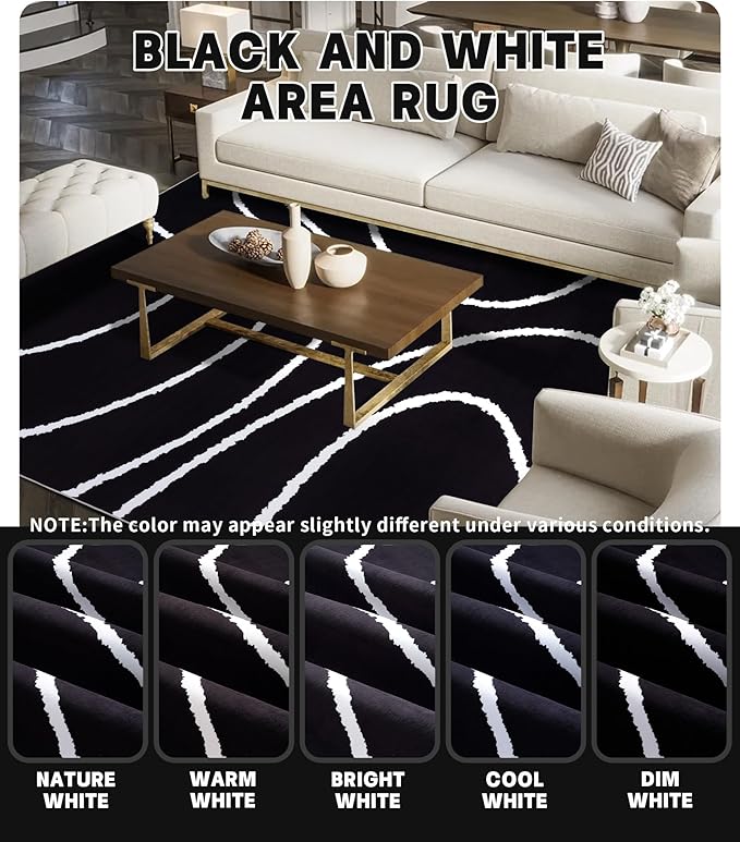 YIHOUSE Black Modern Area Rug 5x7,Abstract Rugs for Bedroom,Black and White Geometric Rug,Minimalist Wave Rug,Dark Washable Area Rugs 5x7 Non Slip Throw Rugs for Bedroom,Office