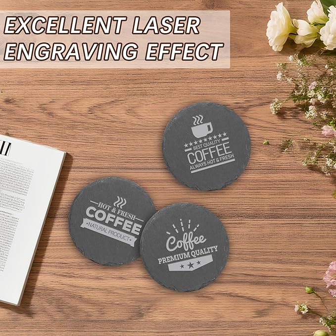 24 PCS Black Natural Slate Coasters Bulk Set 4 Inch Laser Engraving Blanks with Anti Scratch Bottoms for Home, Office, Bar, Gifts Round (24 Round Coasters)