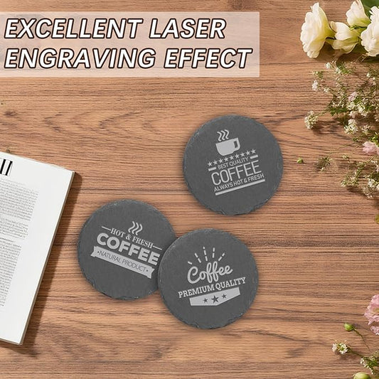 48 PCS Black Natural Slate Coasters Bulk Set 4 Inch Laser Engraving Blanks with Anti Scratch Bottoms for Home, Office, Bar, Gifts Round