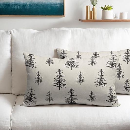 Christmas Tree Lumbar Pillow Covers 12x20 Set of 2 Black Xmas Vintage Winter Print Decorative Outdoor Linen Throw Pillows Cases Cushion Cover Rustic Holiday Decoration Farmhouse Sofa Couch Bed Decor