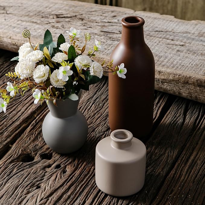 Ceramic Flower Vase Set of 3 with Artificial Autumn Chrysanthemums