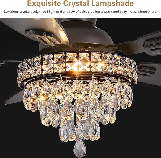 Crystal Ceiling Fan Fandelier with Lights-Ceiling Fans with Lights,50" Low Profile and Remote Control, Flush Mount, Reversible, Dimmable, Noiseless, Black Ceiling Fan for Bedroom