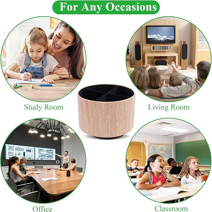 Round Leather Art Supply Organizer,Remote Control Holder,360 Degree Spinning,Multi-Functional Pencil Holder,4 Compartments Desktop Stationary Organizer(1-Thin Wood Yellow)