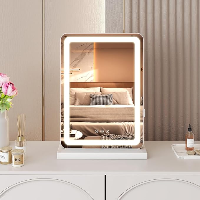 DUMOS 17“x13.2” LED Makeup Mirror with Lights for Vanity, Dimmable 3 Color Modes Makeup Mirror with Memory Function, USB Charging, Aluminum Frame, Lighted Mirror for Desk or Bedroom