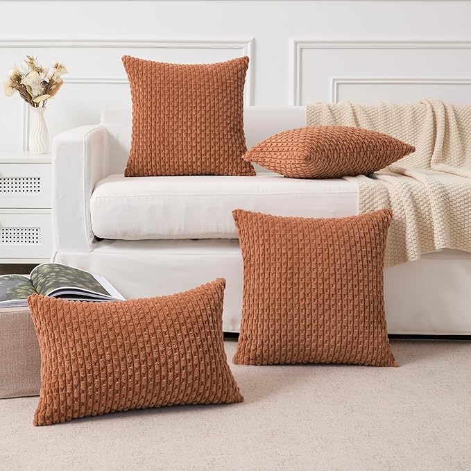 Kevin Textile Euro Sham Pillow Covers 28x28 Inch 2 Packs Soft Boho Striped Corduroy Decorative Throw Pillows for Living Room Couch Bed Sofa Rustic Farmhouse Home Decor 71x71cm Burnt Orange