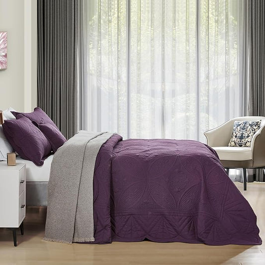 Oversized Bedspread - Queen Size Bedding Cover - Modern & Contemporary Coverlet Set, Real Stitching, Reversible, Lightweight, 5 Piece, Purple