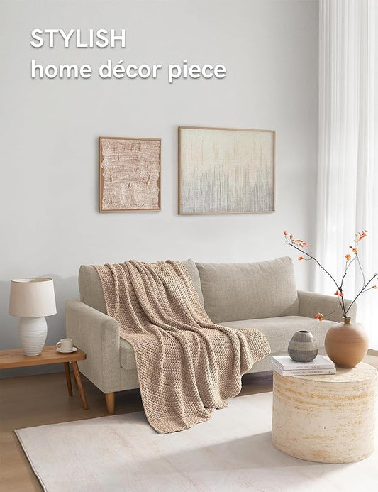 YnM Chunky Cotton Knit Throw Blanket, Cable Knit Throws for Bed Couch Sofa, Comfy & Relaxing, Decorative Piece for Farmhouse Modern Boho Rustic Scandinavian Chic Vibe, Beige 80x87 Inches