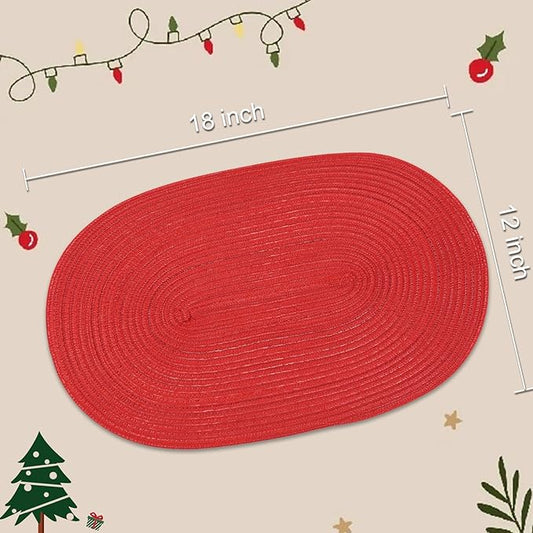 Noctiflorous Oval Braided Placemats Set of 4 Woven 12x18 Inch Non Slip Washable Heat Resistant Place Mats Round Tablemats for Dining Kitchen Party Daily Table Decor Dinner Mats (Red Shine, 4)