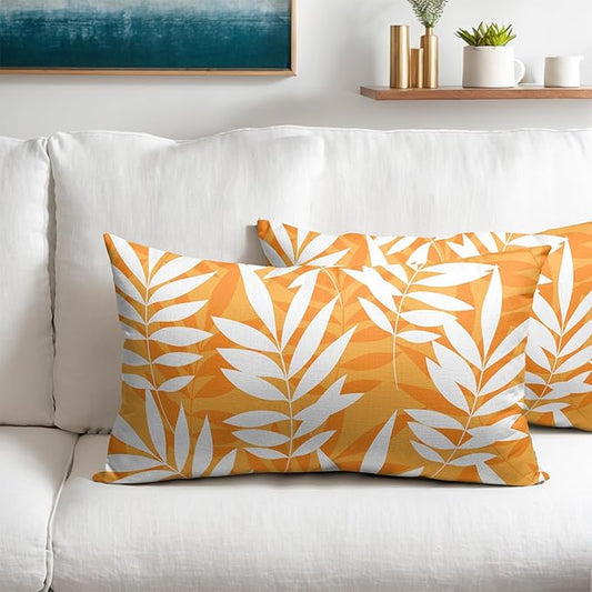 Fall Leaf Pillow Covers 12x20 Set of 2 Orange White Seasonal Autumn Leaves Rustic Decorative Lumbar Throw Pillows Outdoor Pillowcase Farmhouse Linen Cushion Case Decor for Home Sofa Couch Bed