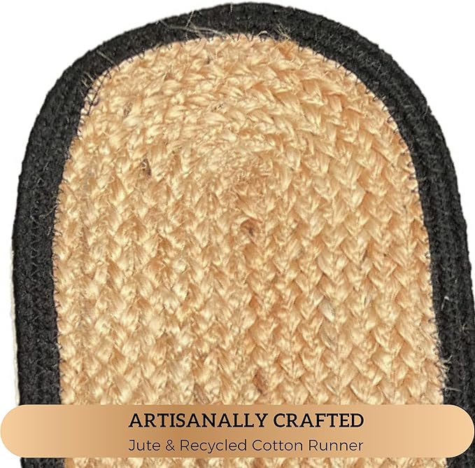CHARDIN HOME Verona Oval Woven Jute & Cotton Braided Table Runner, Size -8 x 24 Inches, Color - Natural Jute with Black Border