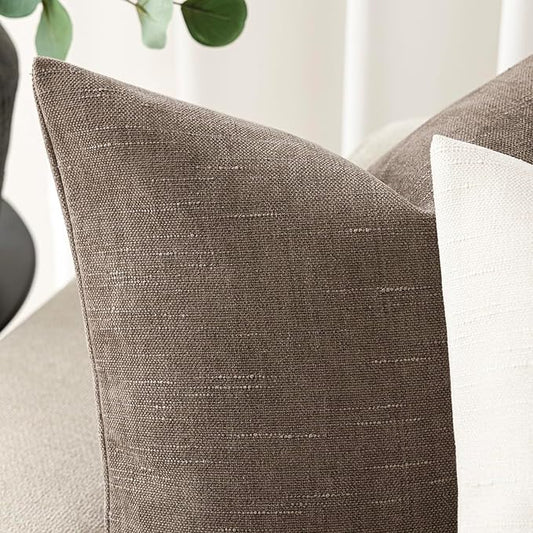 Foindtower Pack of 2 Soft Textured Chenille Throw Decorative Pillow Covers Square Accent Solid Cushion Cover Cozy Farmhouse Pillow Case with Zipper for Couch Sofa Bedroom Living Room 26x26 Inch, Taupe