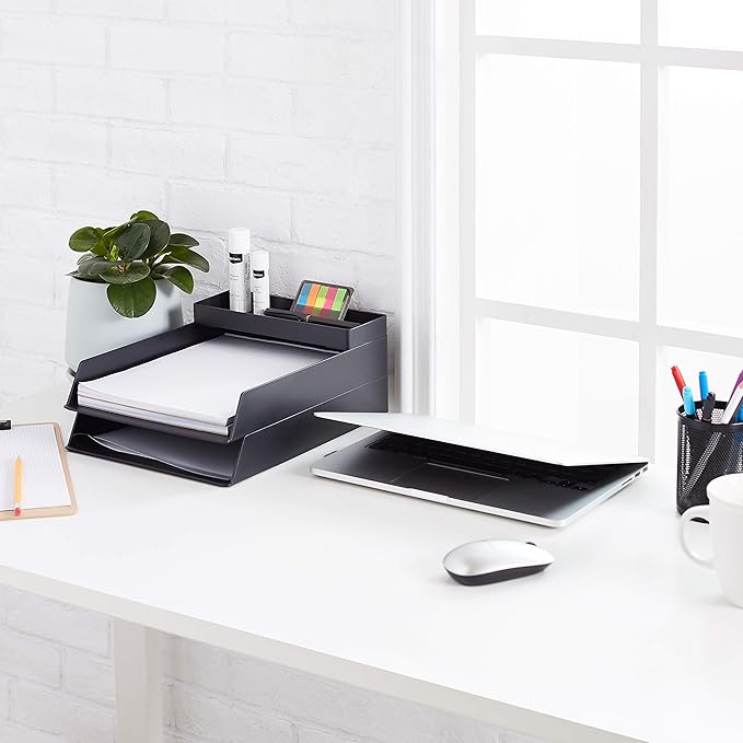 Amazon Basics Rectangular Plastic Desk Organizer, Half Accessory Tray, 9.4" x 3.3" x 1", Black