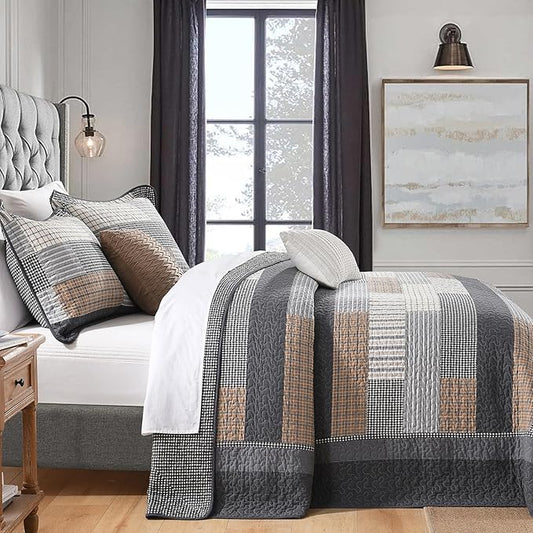 128"x120" Cotton Oversized King Bedspread Coverlet, Gray Plaid Extra Large Quilt Set with Pillow Shams, Lightweight Farmhouse Reversible Quilted Bedspreads, All Season, 3 Piece